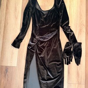 Elegant Black Velvet Dress with Gloves